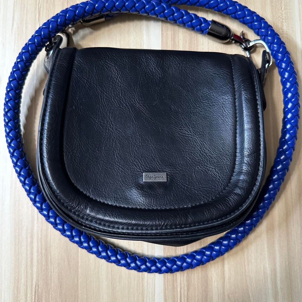 Pepe Jeans Black Leather Crossbody Bag with Blue Braided Strap